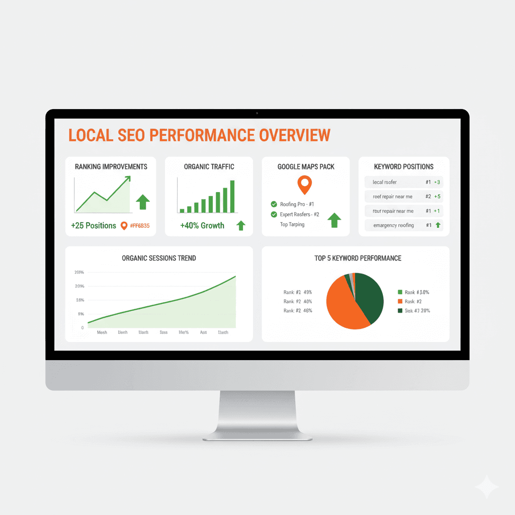 Local SEO results dashboard showing rankings and growth